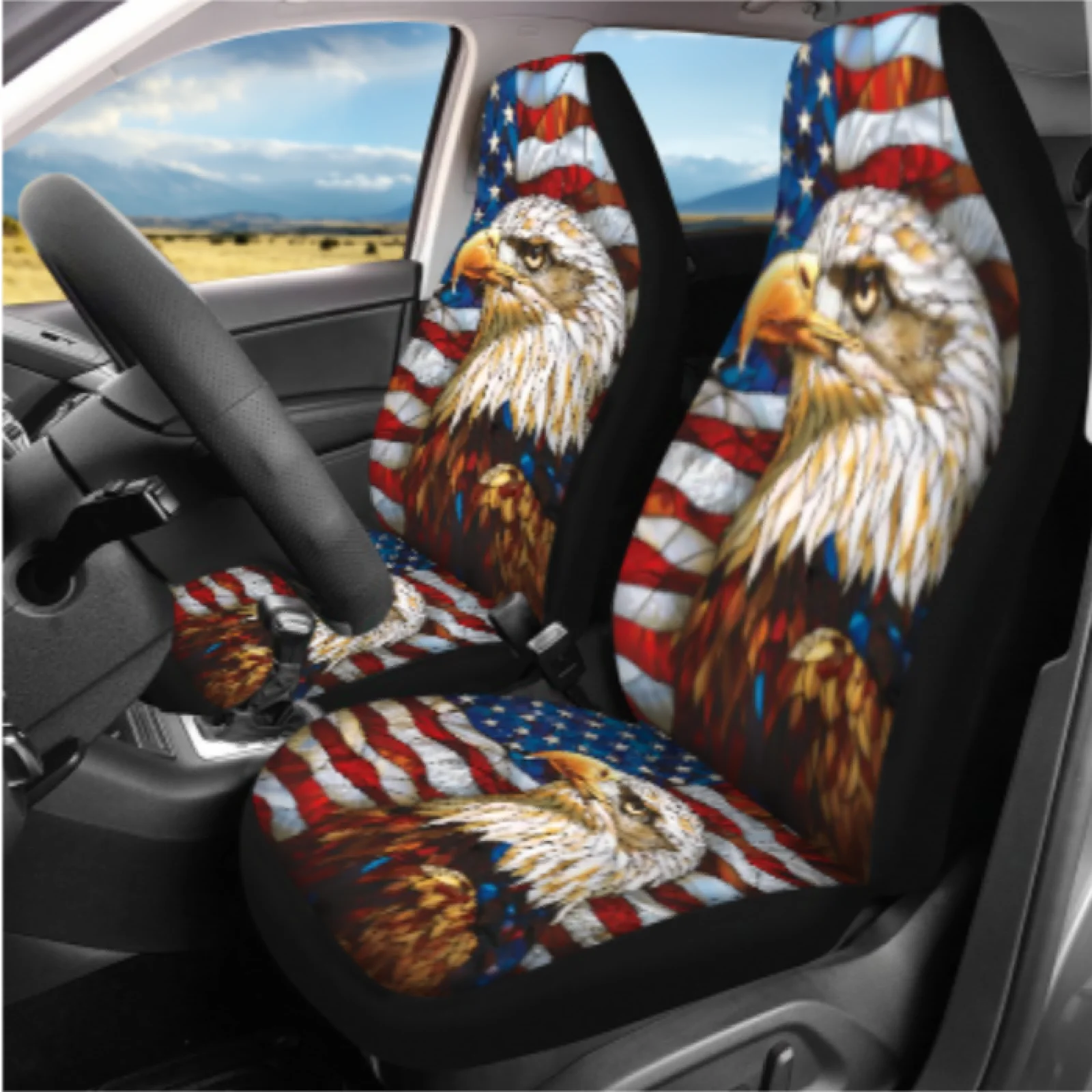 Coloranimal Eagle USA Flag 14 Pcs Automobile Seat Cover Sets with Washable Steering Wheel Cover and Auto Center Console Pad
