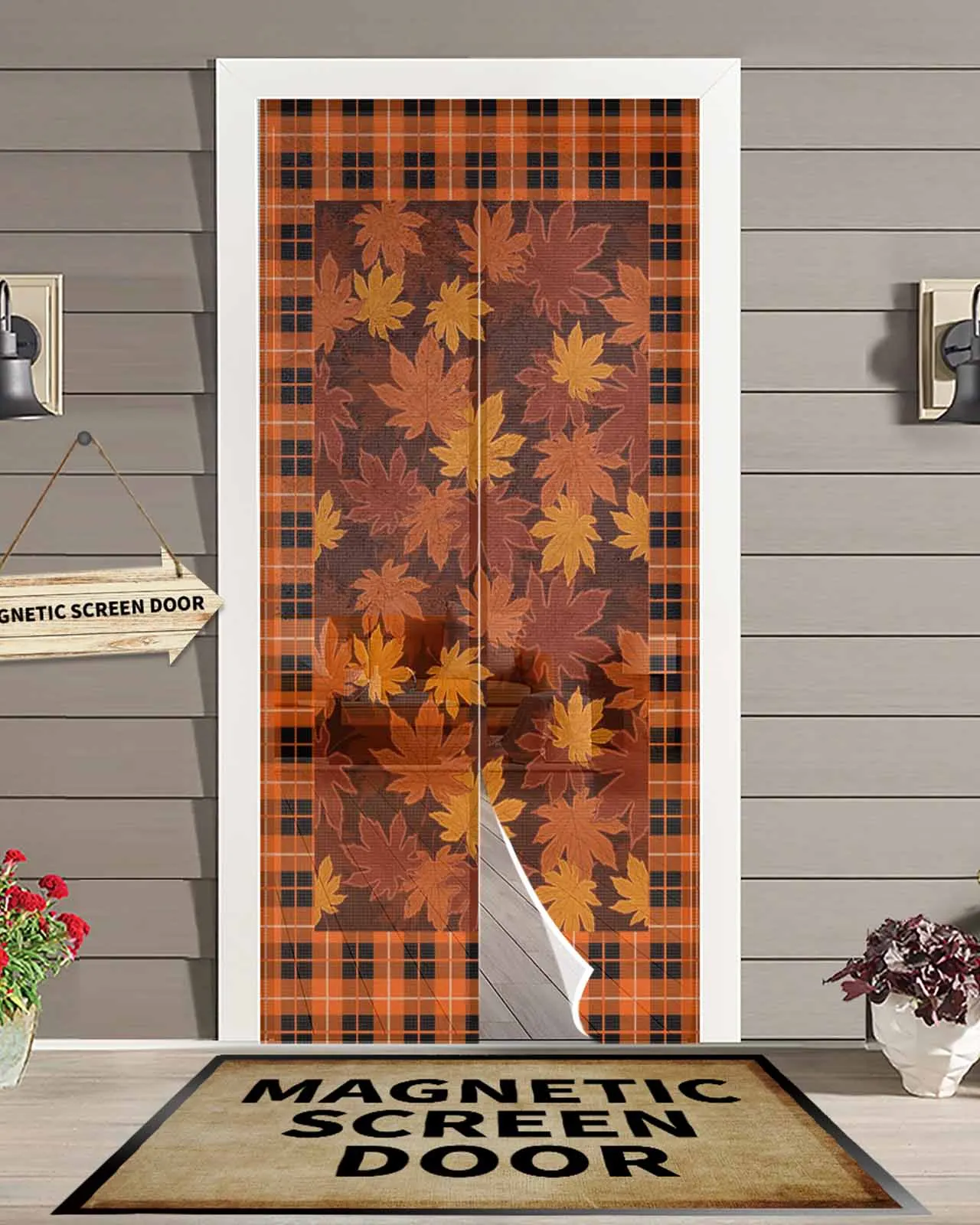 

Оранжевый клетчатый осенний кленовый лист, магнитная дверная занавеска для гостиной, спальни, дома, антимоскитная занавеска для двери