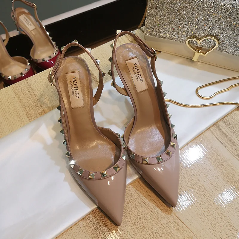 

New Summer Lacquer Leather Riveted High Heels Sexy Shallow Mouth Pointed Metal Multicolor Thin Pumps Sandals Party Women's Shoes