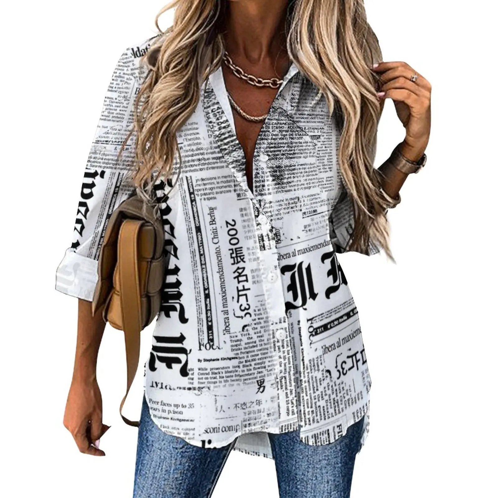 Grunge Newspaper Loose Blouse Black And White Streetwear Oversized Blouses Womens Long-Sleeve Office Work Shirts Autumn Clothes