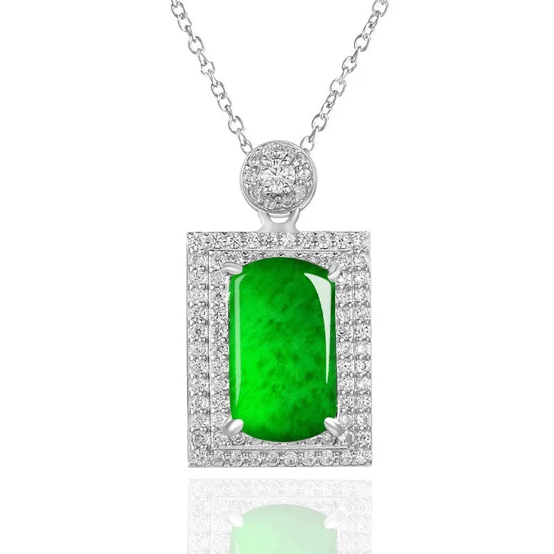 Natural Emerald Green Small "No Worries" Pendant S925 Silver Inlaid with Ice Jade Women's Fashion Necklace Set