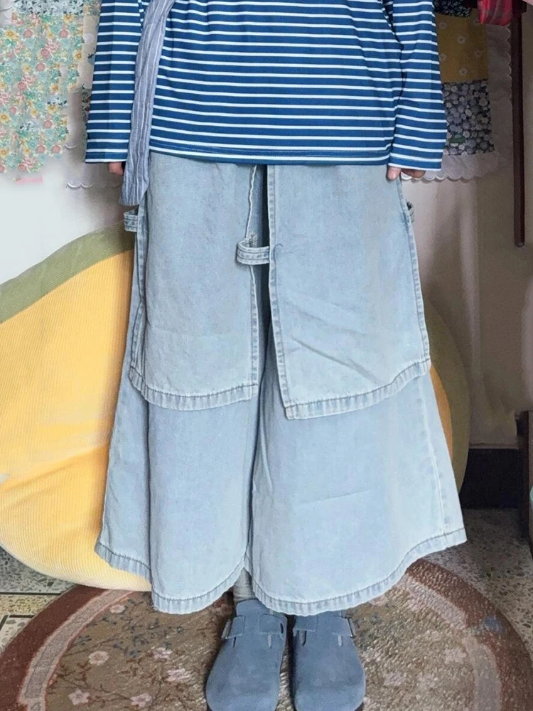 PBAP Fake Two-piece Women Baggy Jeans Vintage Washed Solid Elastic Waist Skirt Layered Wrap Pants Lounge Trendy Everyday Wear