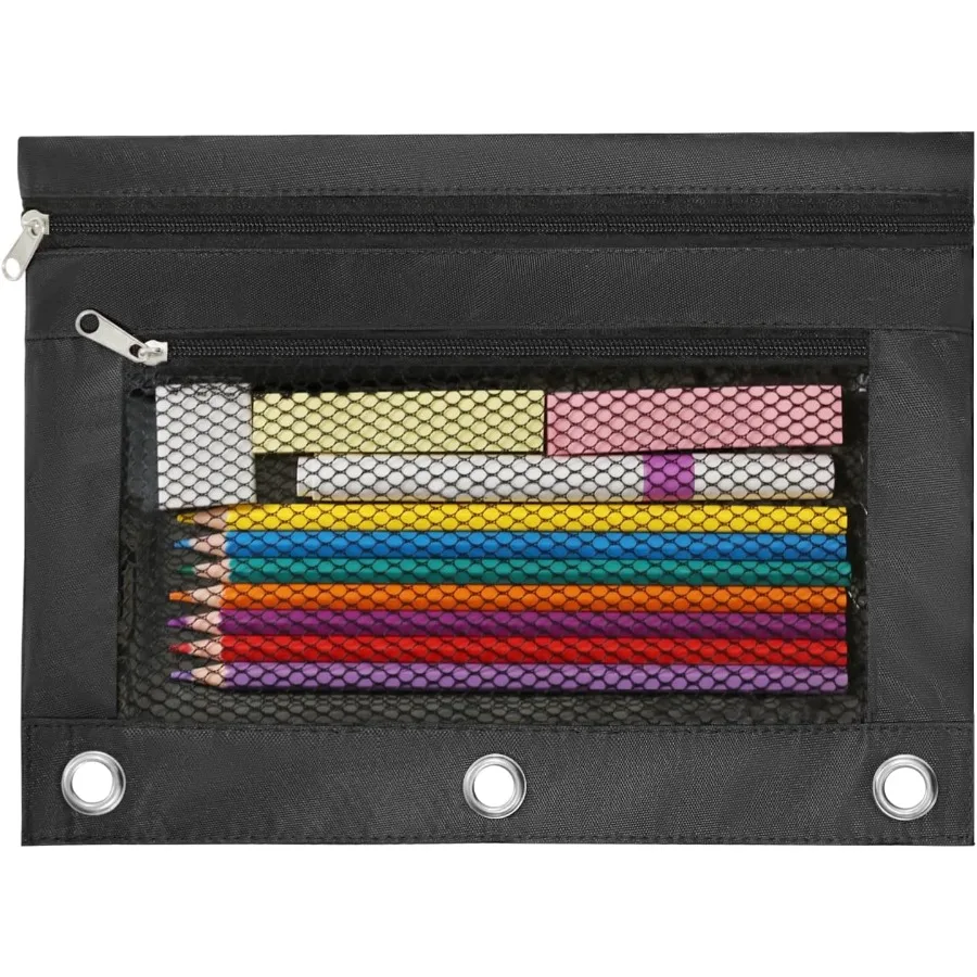

3 Ring Binder Peil Pouch School Peil Case with 2 Zippered Pockets Clear Mesh Window Peil Bag B5 Size Back to School Gifts Black
