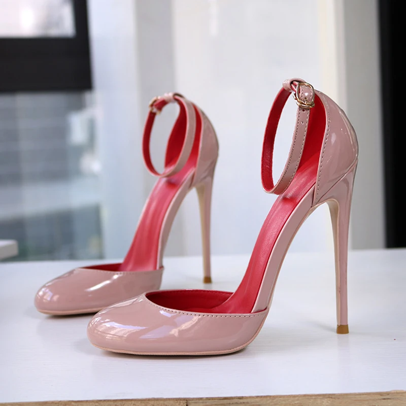 12cm Wysokie obcasy Śliczne Mary Jane Czerwone wewnątrz Patent Leather Ankle Strap Stilettos Wygodne OL Round toe Pumps Party Shoes