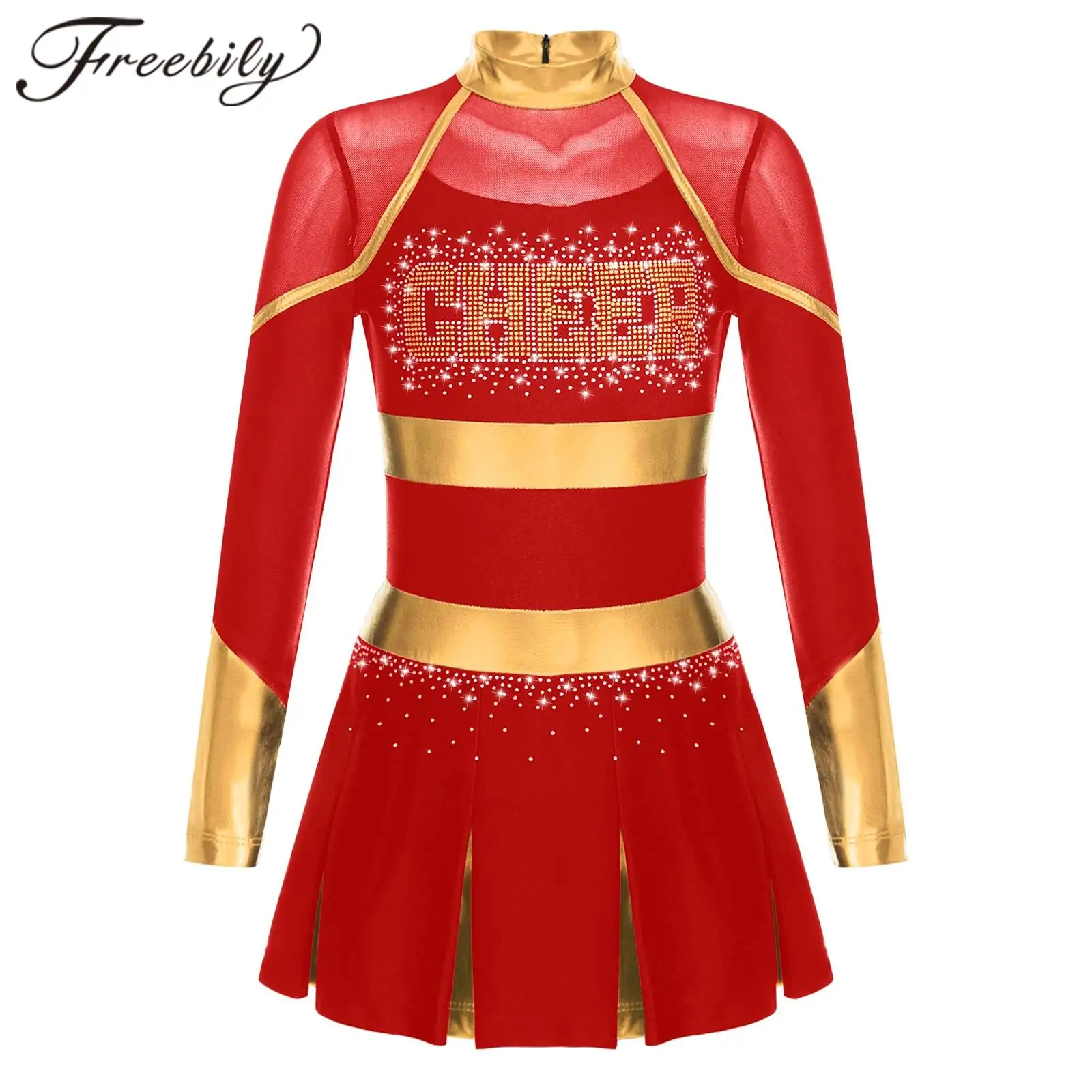 

Kids Girls Cheer Dance Costume Teens Glittery Cheerleading Uniforms Children Metallic Patchwork Long Sleeve Cheerlead Dress