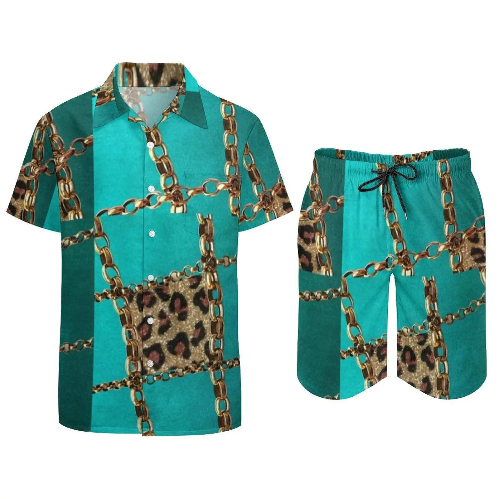 Gold Chain Print Men Sets Animal Leopard Casual Shirt Set Aesthetic Beachwear Shorts Summer Suit 2 Piece Plus Size 3XL