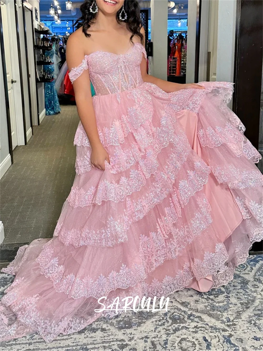 Sweet Tiered Prom Dress for Women A Line Lace Evening Dresses Off The Shoulder Sweet 15 Dresses Quinceanera Cocktail Dresses