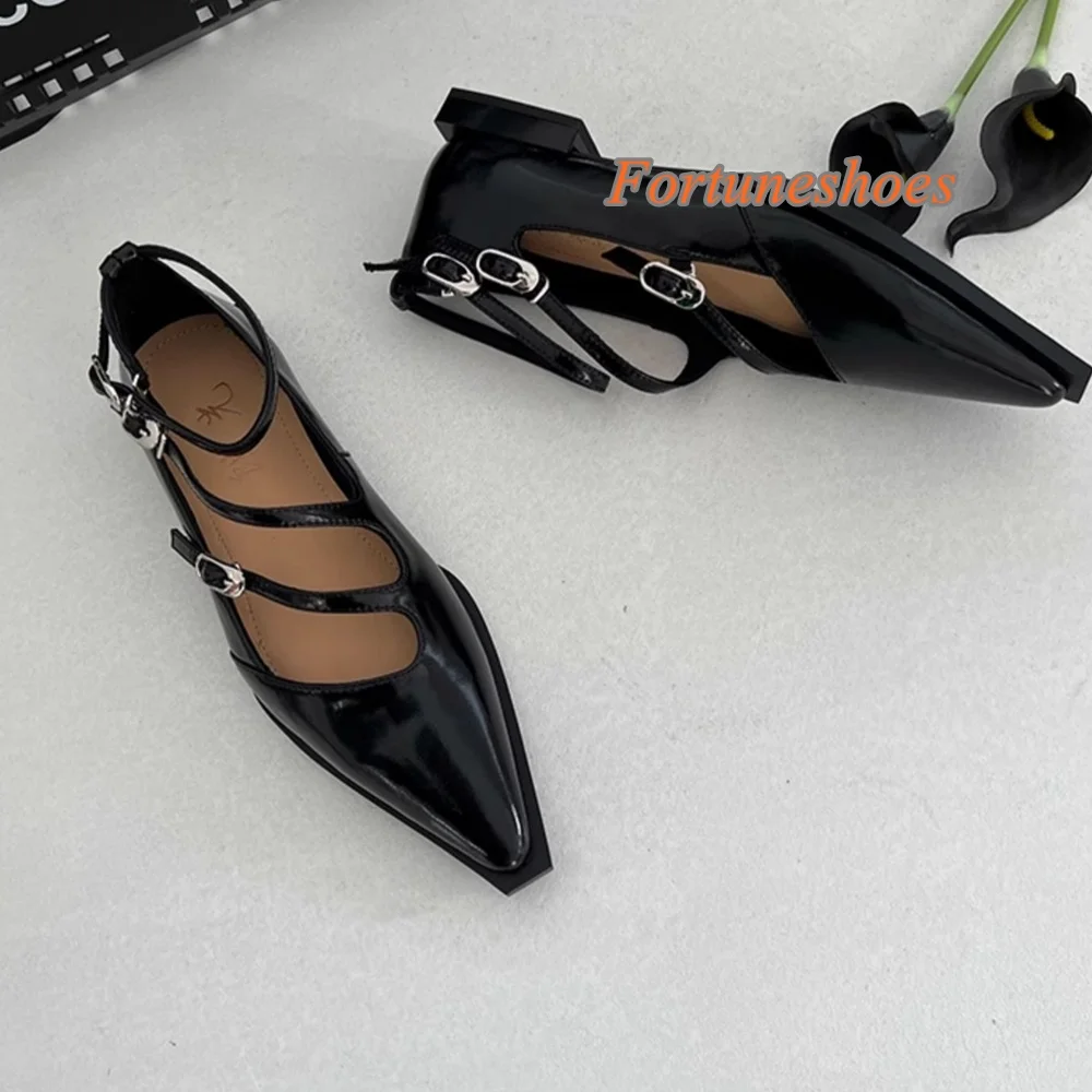 One Word Belt Buckle Sandals Pointed Toe Shallow Women Solid Chunky Heel Pumps 2025 Newest Hollow Genuine Leather Fashion Pumps