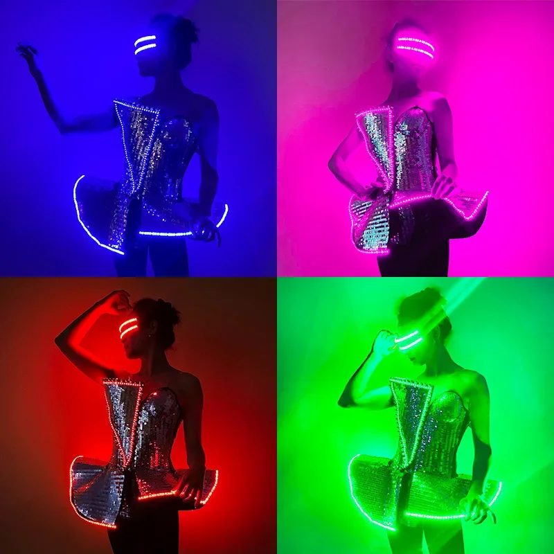 Led Pailletten Jurk Vrouwen Dansshow Kostuum Performance Meisjes Vestidos Carnaval Party Lights Volwassen Gewaad Pak Lichtgevende Kleding