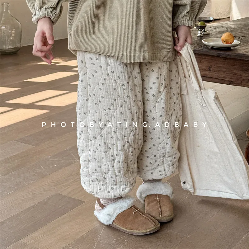 2024 Winter New Children Warm Pants Cotton Boys Girls Floral Trousers Baby Plus Velvet Thick Casual Pants Kids Harem Pants