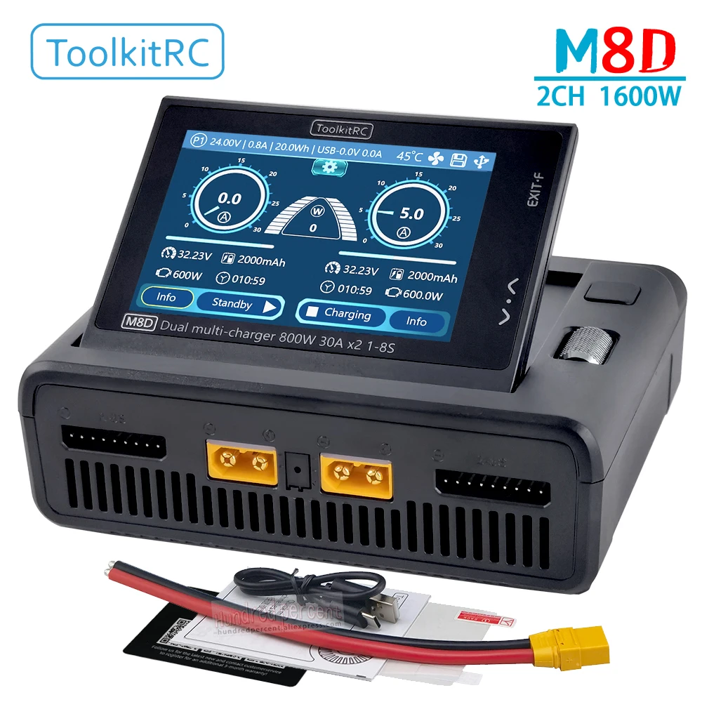 ToolkitRC M8D インテリジェント充電器 DC1600W XT60 2-8S リチウム電池バランス電圧リモートコントロールおもちゃの車のモデル放電