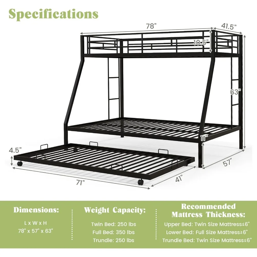 Bunk Bed with Trundle, Heavy-Duty Metal Triple Bunk Beds w/Two Side Ladders & Safety Guard Rail, 3 in 1 Bunk Beds for Kids Teens