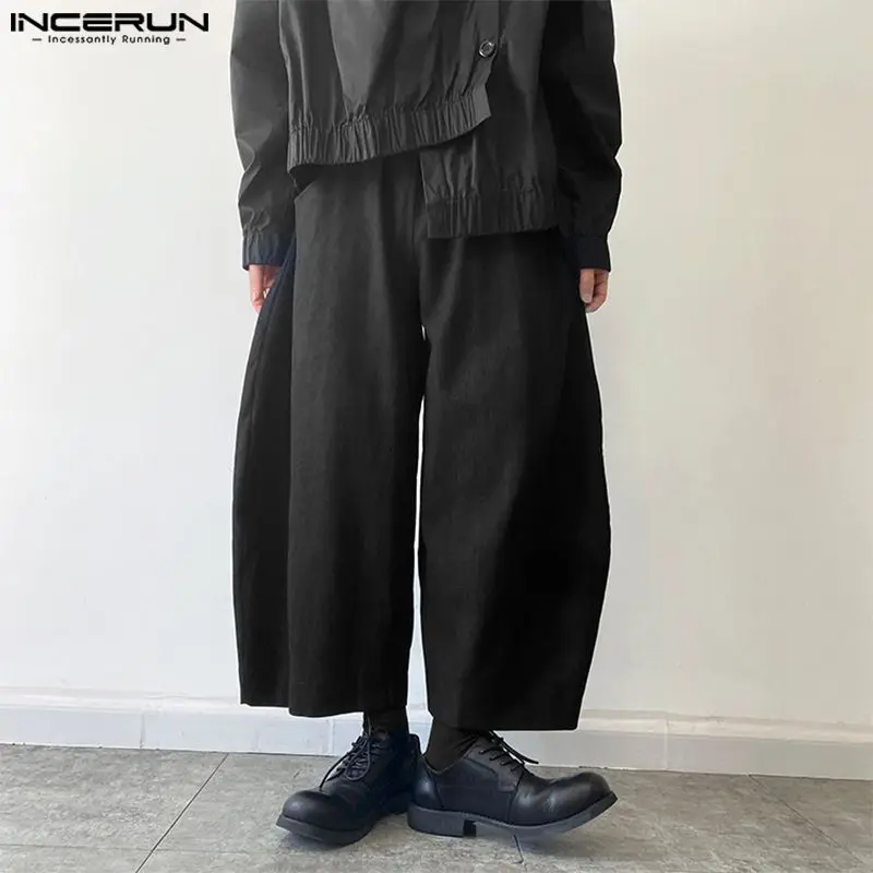 INCERUN Men Pants Solid Color Elastic Waist Loose Joggers Casual Wide Leg Trousers Men Streetwear 2024 Oversize Vintage Pants