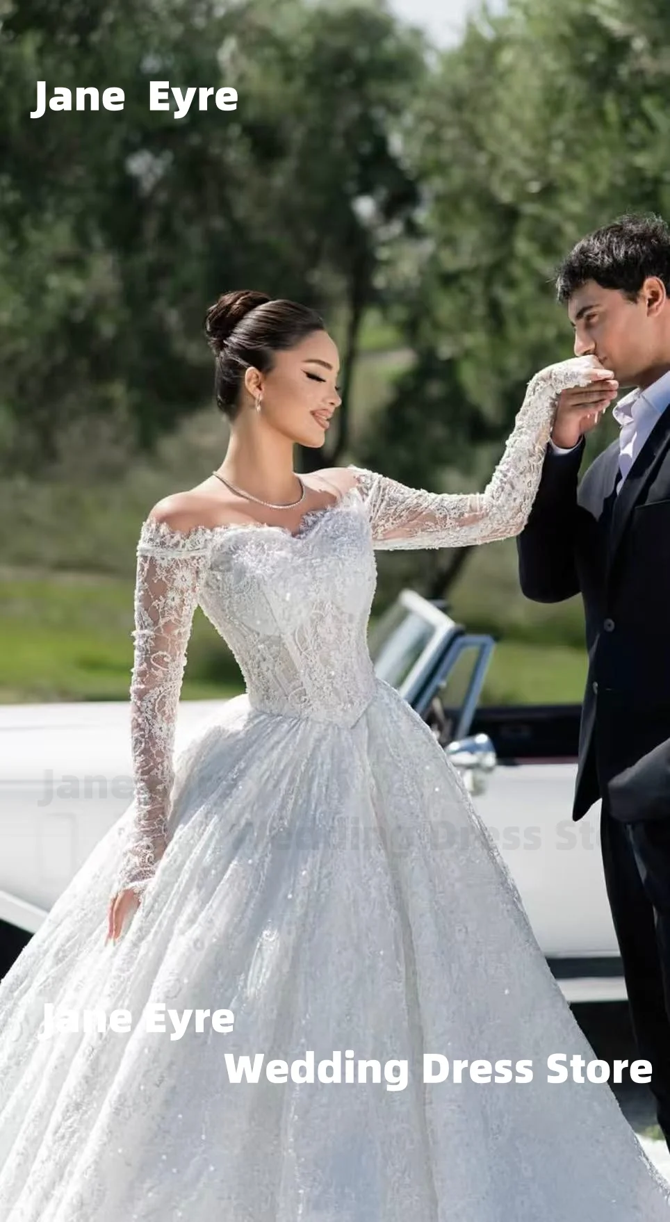 فستان زفاف جين آير فاخر بأكمام طويلة رداء نسائي سباركلي بدون أكتاف سويب تراين لحفلات الزفاف فيستدو دي نوفيا #2