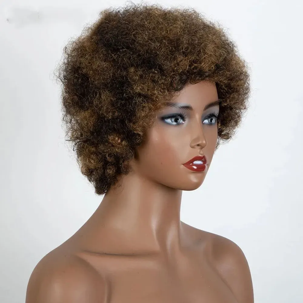 Afro Kinky Curly Highlight Wig Human Hair Ombre Brown Blonde Kinky Curly Afro Human Hair Wigs for Women Cosplay Full Machine Wig image 3