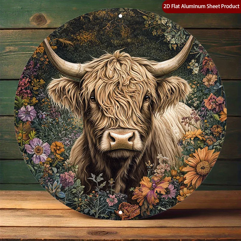 1pc Scottish Highland Cow Round Sign, Modern Round Sign, Floral Background Round Signs, Rustic Animal Art Rustic Metal Wall Art - view 6