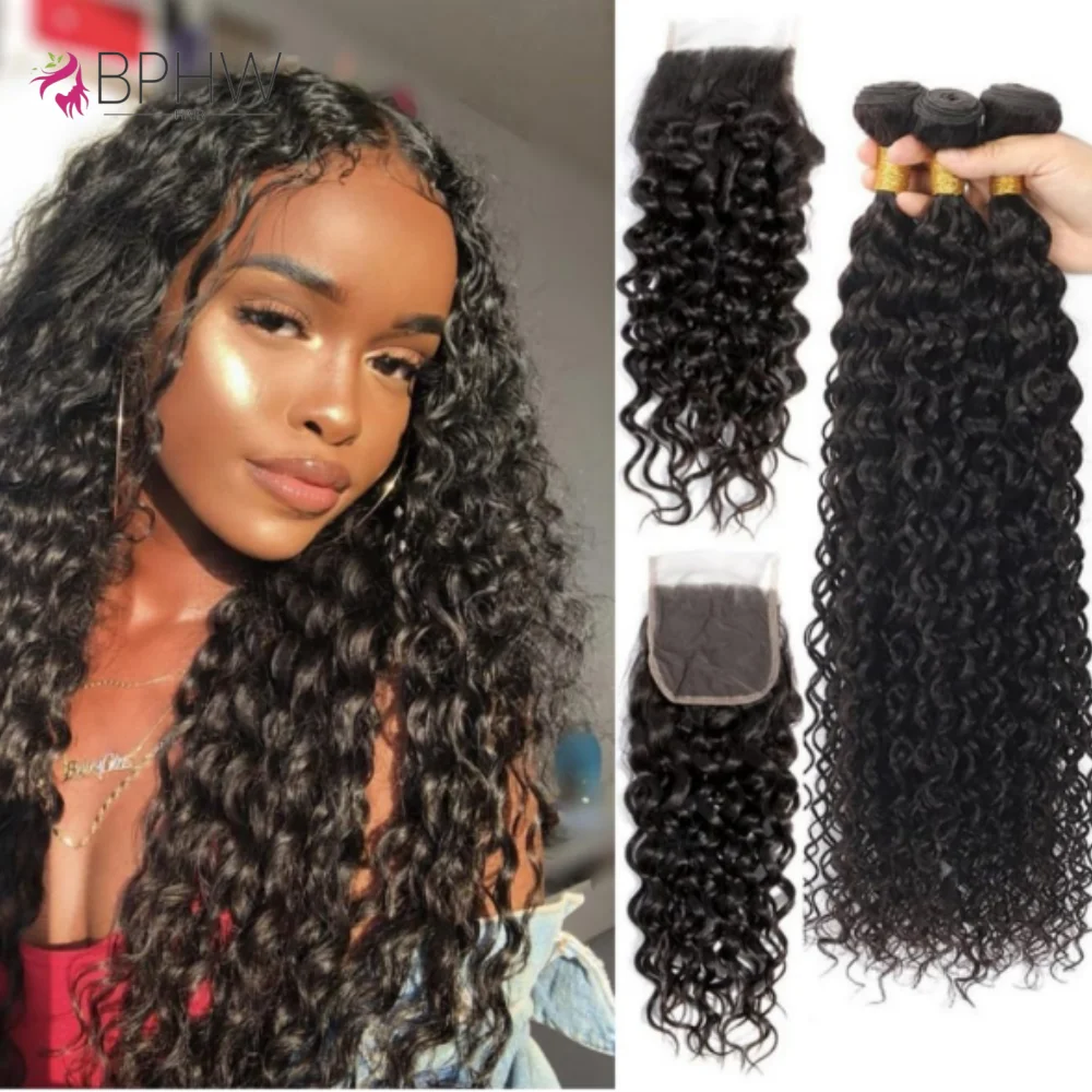 

Бразильские пучки человеческих волос Remy Water Wave с застежкой HD, прозрачные 4x4 кружевные застежки и наращивание плетения, мягкие волосы BPHW