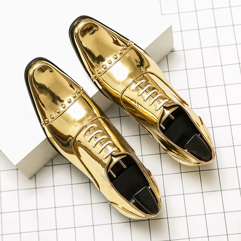 Male Fashion Dress Derby Shoes Gold Men Rhinestone Formal Wedding Shoes Groom Evening Oxfords Big Size Chelsea Shoes