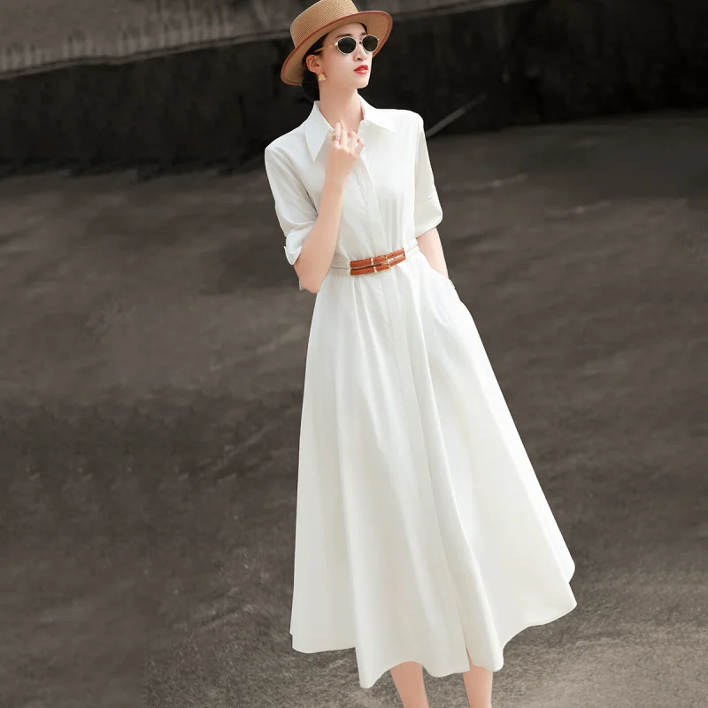 

MEXCOCO 2026 New Summer Lapel Collar Three Quarter Sleeve Double Buckle Belt Waist Single Breasted Flowy A Line Midi Shirt Dress