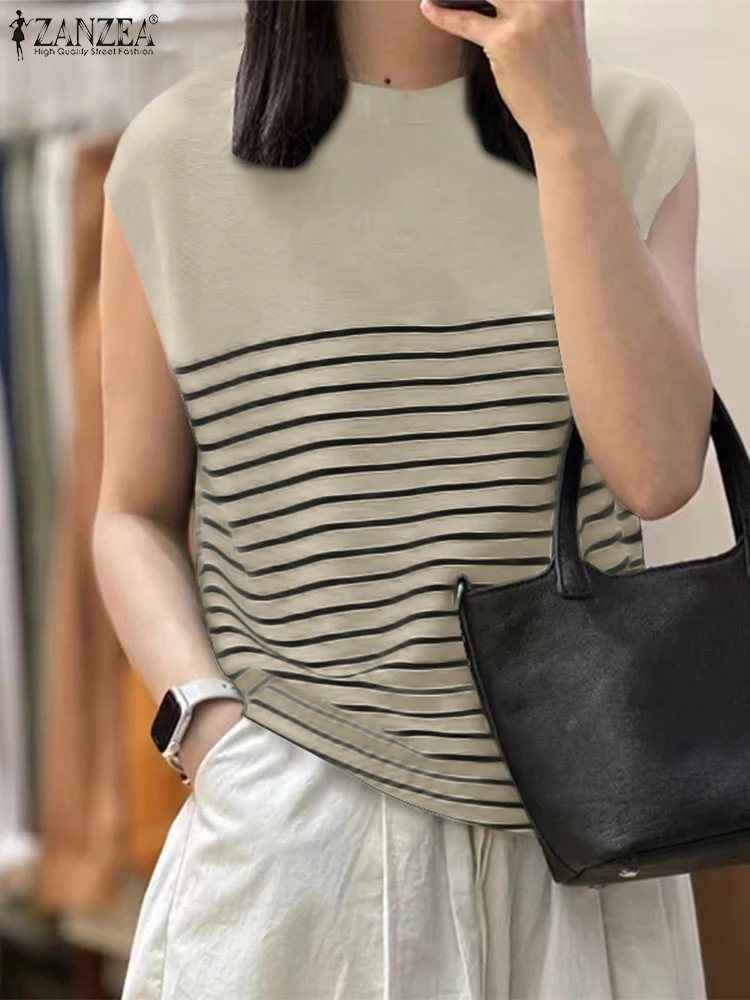

2024 ZANZEA Women Sleeveless OL Blouse Summer Office Shirt Fashion Casual Stripe Tanks Tops Female Camis Elegant Work Blusas