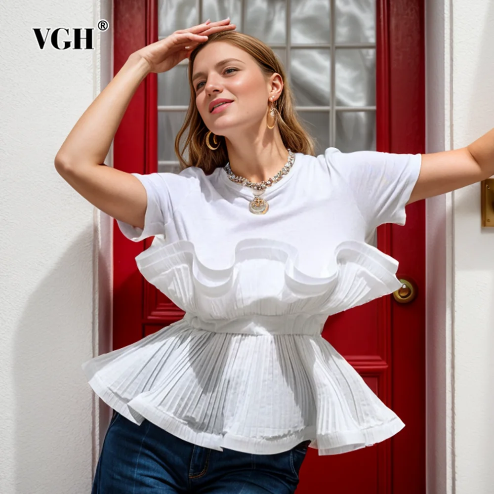 VGH Solid Spliced Folds Elegant T Shirt For Women Round Neck Short Sleeve Ruffles Temperament T Shirts Female 2024 Fashion New