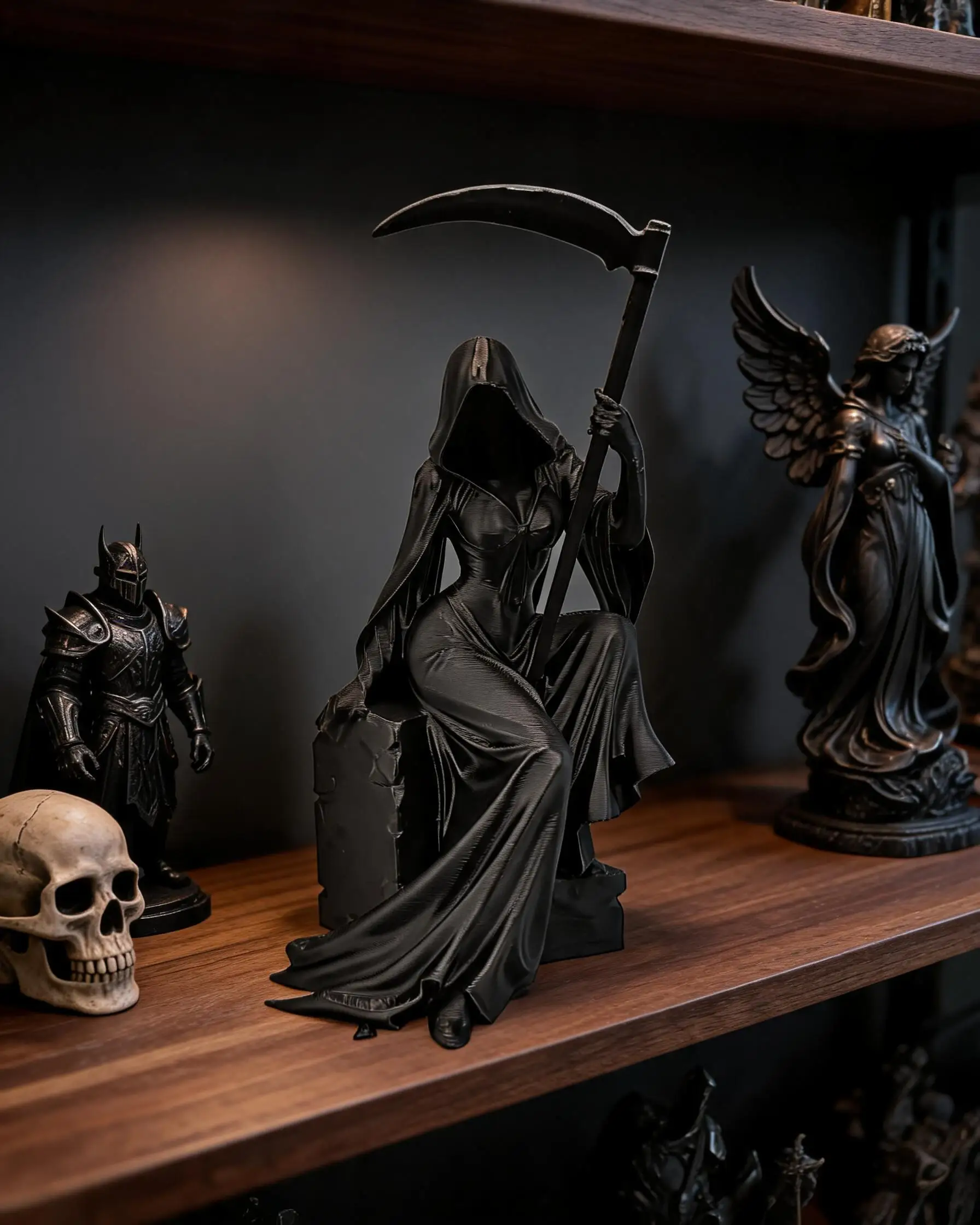 3D Printed Sitting Female Grim Reaper Figurine with Scythe, Gothic Lady Death Statue Ornament, Halloween Dark Horror Desktop Dec