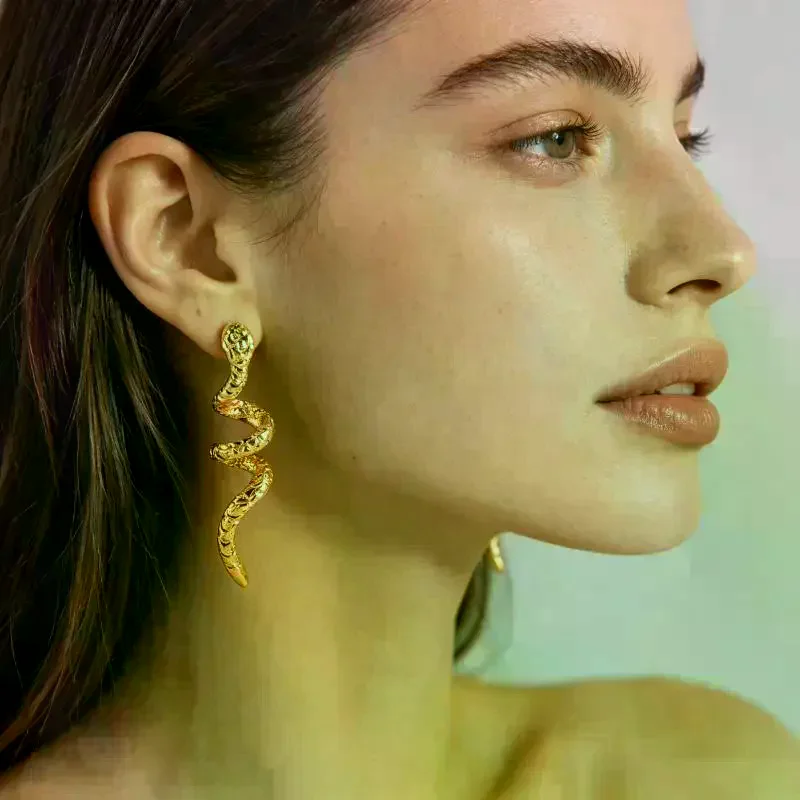 Gold Plated Textured Surface Unique Snake Dangle Earrings Hypoallergenic Posts For Party Date Daily Wear