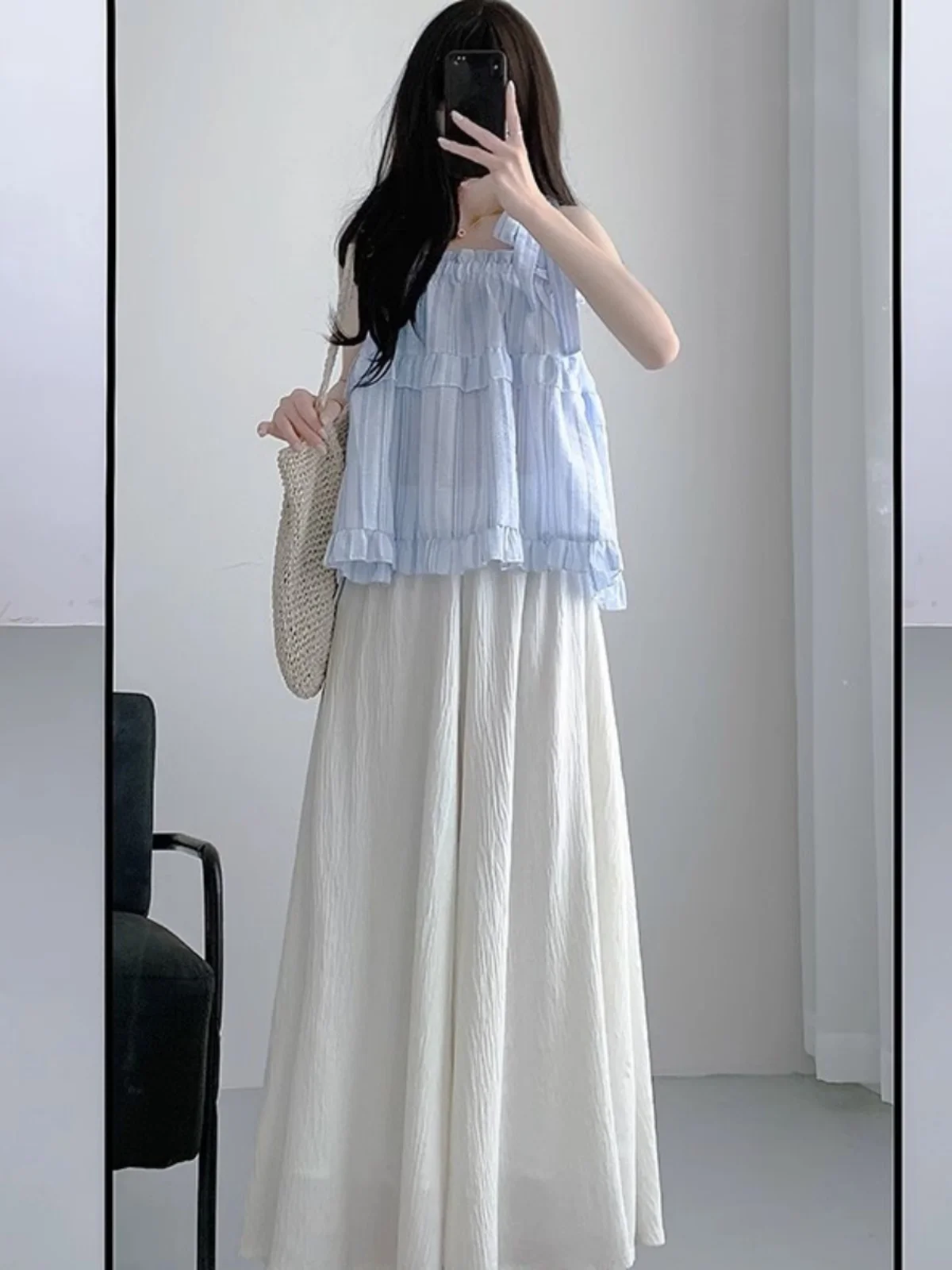 White  Skirt Pants Women Summer Thin Small Size Drifting Pleated A-Line Half Skirt Slim High Waist Drapey Wide Leg Pants