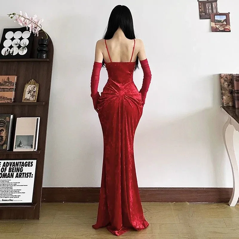 Fashion Velvet Women Camis Dress Y2K Sexy Slim Spaghetti Straps All Match Midi Dress Korean Chic Pleats Party Club Long Dress