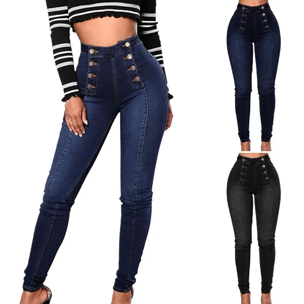 Women High Waist Pencil Jeans Double-breasted Button Fly Denim Pants Skinny Hip Lifting Long Trousers Lady Sexy Bodycon Jeans