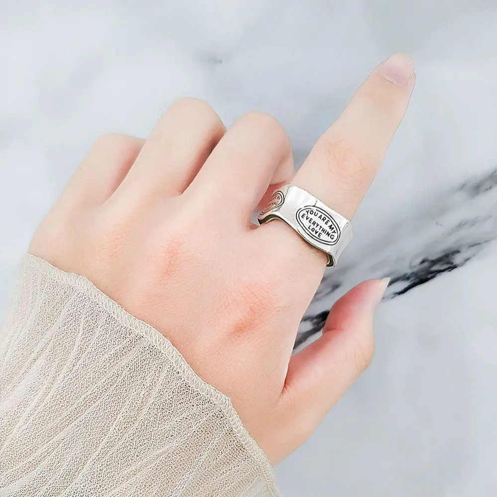 Korean Style Trendy Wavy Pattern Letters Carving Opening Ring Unique Green Stripe Design Finger Ring for Women Fashion Jewelry