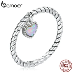 Bamoer Opal Heart Women Ring 925 Sterling Silver Vintage Simple Twist Ring Size 6 7 8 Eternity Band Fine Jewelry Wedding Gift