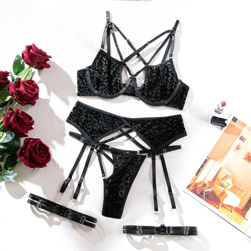 Bikini Leopard Print Hollow Out Asymmetric Design Complex Ribbon Sexy Lingerie Four-Piece Set