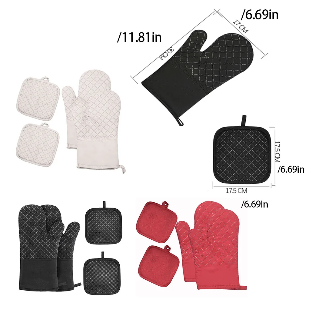 4 Pieces/Set Oven Portable Silicone Gloves Baking BBQ Mittens Heats Resistant Microwave Ovens Nonslip Mitts Black Grid