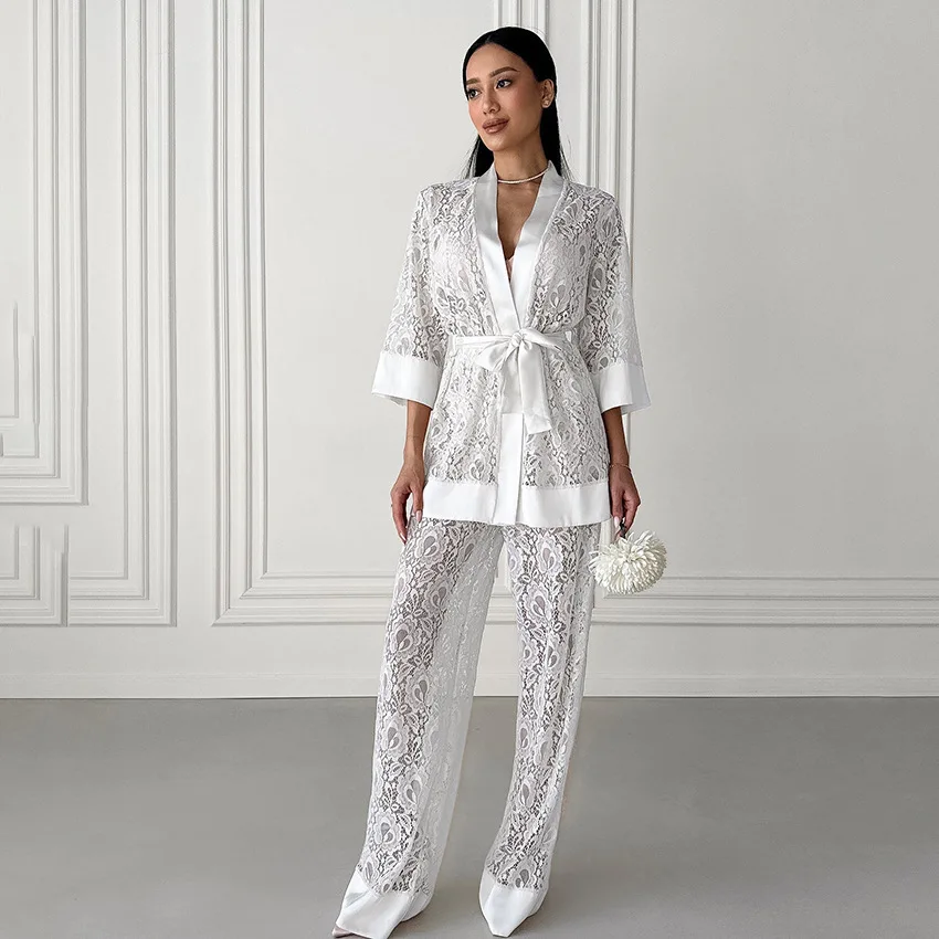 

Лето 202, сексуальный кружевной женский топ-бот, комплект из двух предметов, домашняя одежда, ort Sve с открытым воротником, прохладный комплект B...