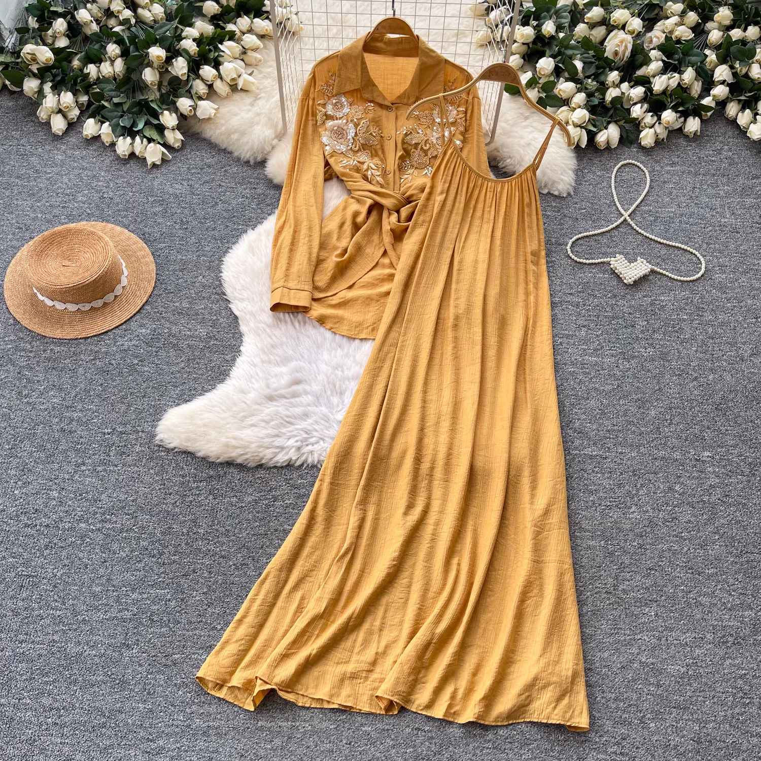 

Women Two Piece Sets Dress Set Sling Sleeveless Long Dresses Full Sleeve Coats A Line Tight Waist Y2k Streetwear Elegant 2026