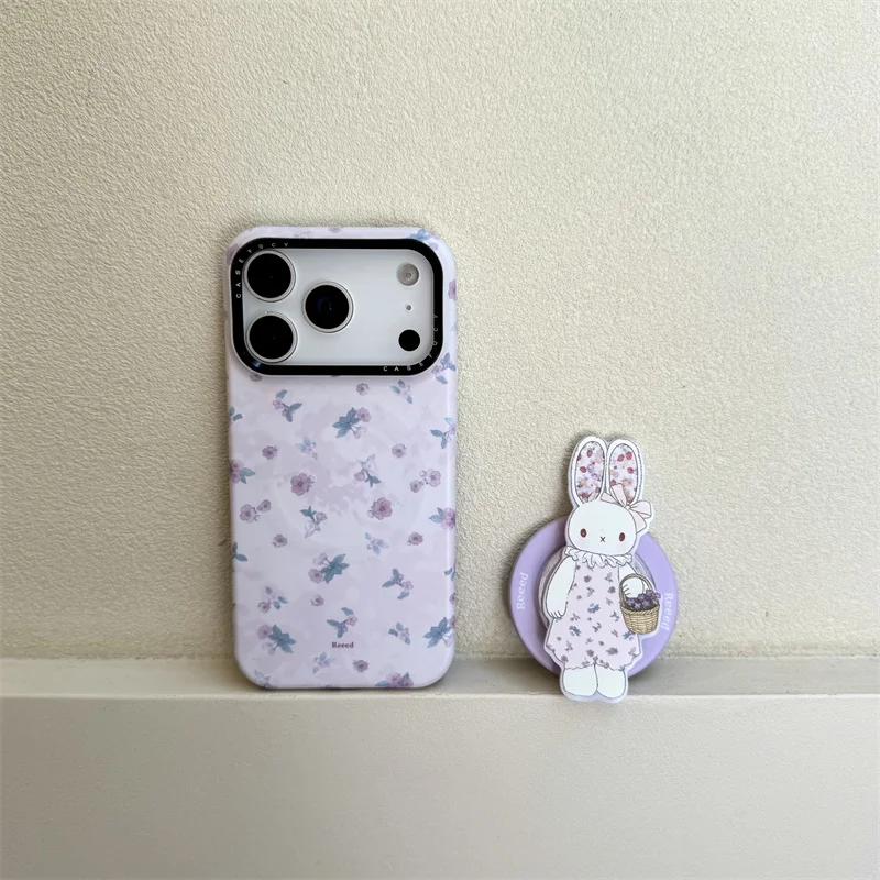 

Kawaii Purple Floral Print Phone Case With Magnetic For iPhone 15 16 17 Pro Max INS Soft Cottagecore Style Large Window Shockpro