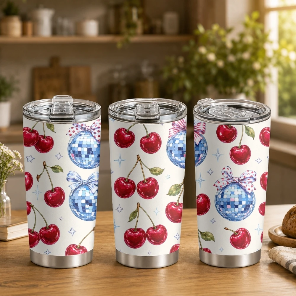 Disco Cherries Vacuum Flasks 20oz Coffee Cup with 2 Lids & Reusable Straw Stainless Steel Vacuum Insulated Travel Mug