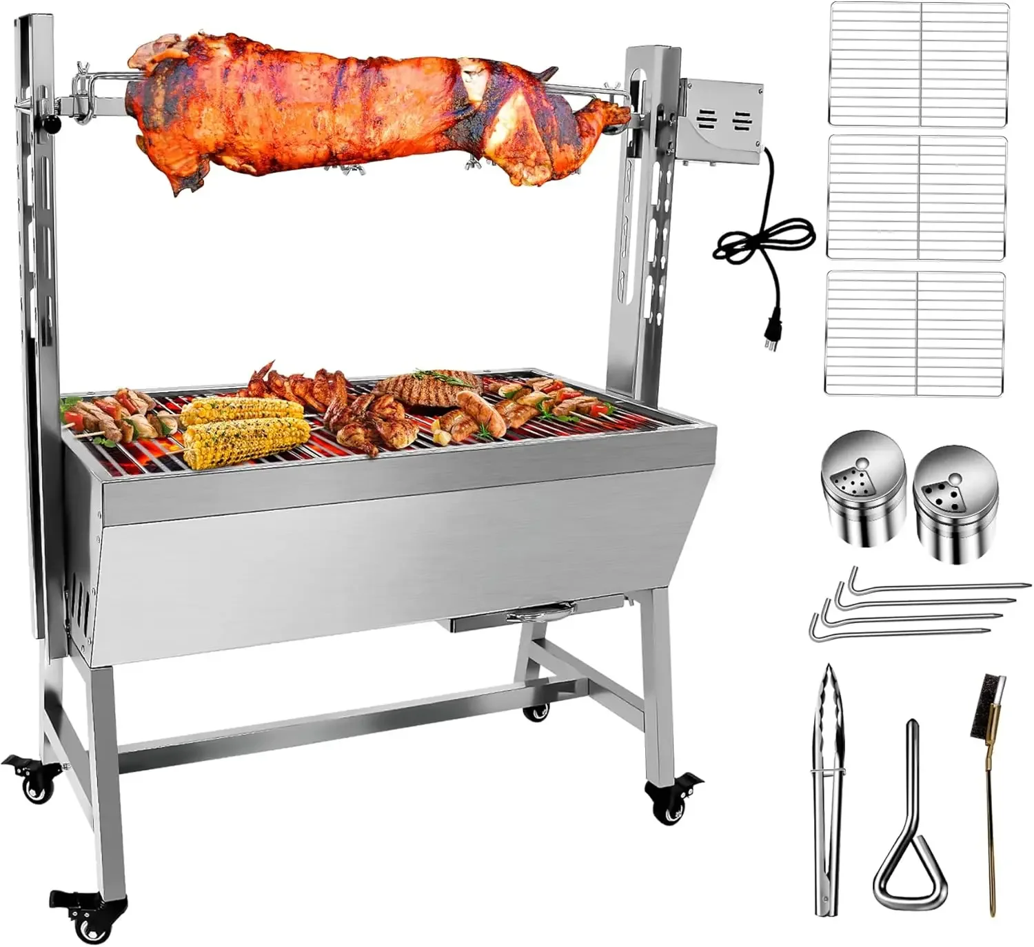 Steel Rotisserie Grill, 25W Motor Small Pig Lamb Rotisserie Roaster, 37'' 2 in 1 BBQ Charcoal Rotisserie Grill for Camping Outdo