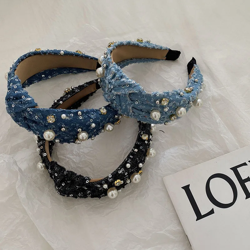 6PCS/LOT Retro Denim Pearl Knot Wide Hairband with High-End Style Women Daily Popular Face-Framing Headbands Girls Hair Headband