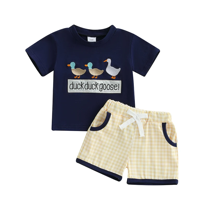 Toddler Boys Summer Outfits Letter Duck Embroidery Round Neck Short Sleeve T-Shirts Plaid Elastic Waist Shorts 2Pcs Clothes Set