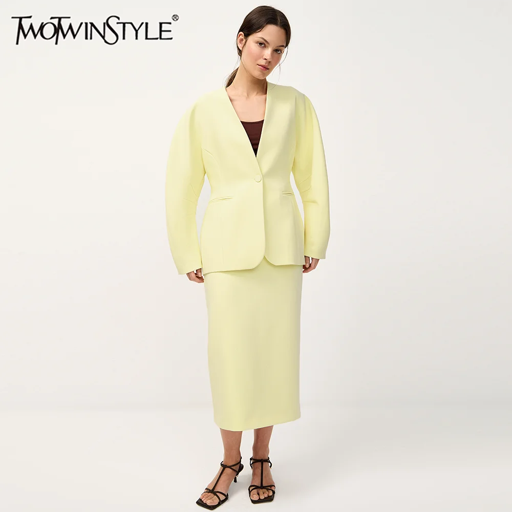 

TWOTWINSTYLE Solid Minimalist Two Piece Sets for Women V Neck Long Sleeves Tunic Blazer High Waist Skirt Office Lady Set Female