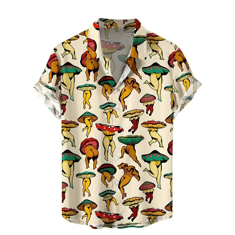 New Men's Short Sleeve Shirts Disgusting Mushroom Print Men's Hawaiian Beach Fashion Lapel Tops Plus Size Casual Men's Shirts