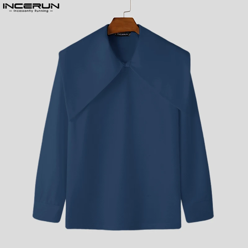 INCERUN New Men Korean Fashion Tops 2024 Casual Long Sleeve Solid Color Shirts Navy Collar Streetwear Male Loose Elegant Outfits