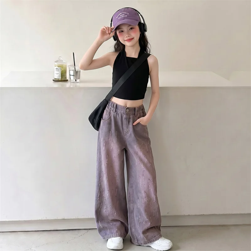 Summer Teenage Girls Outfits Backless Black Vest&Purple Wide Leg Jeans 2Pcs Fashion Korean Hip Hop Kids Clothing Sets 5-14Years