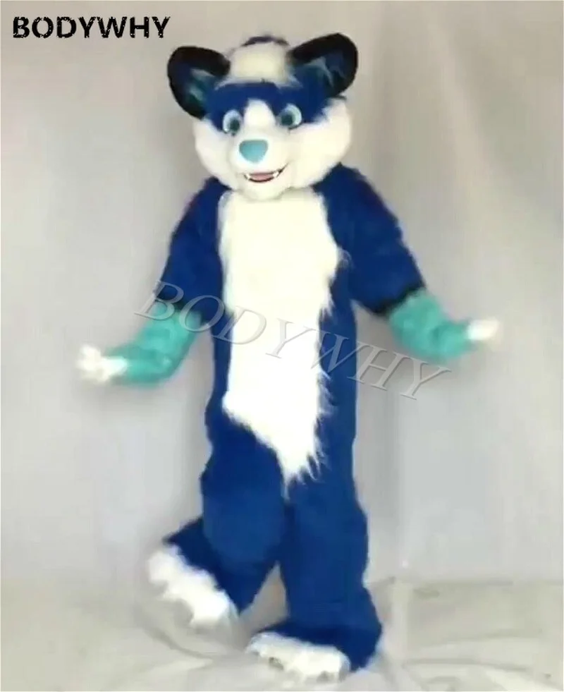 Luxury Long Fur Blue Husky Dog Wolf Dog Fox Fursuit Mascot Furry Costume Cosplay Party Kid Birthday Party Fursuit Adult Outfit