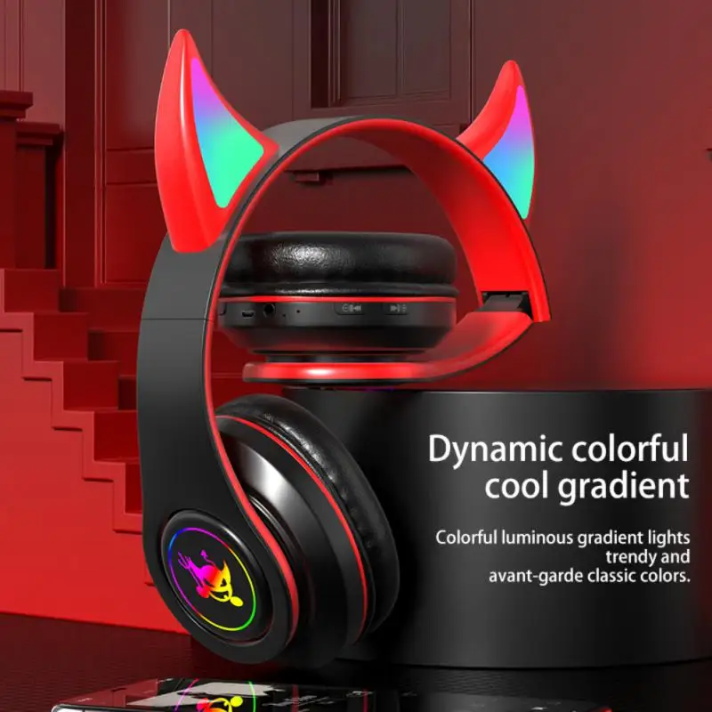 Devil Headphone with Mic for Kids Child Cute Stereo Bass Music FM Wireless Headset Gamer Support TF Card Boy Girl Gift