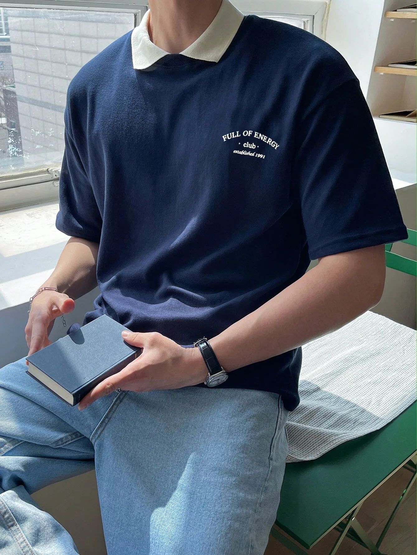 

Men's Navy Blue Contrast Collar Polo Shirt with Embroidered Text Graphic