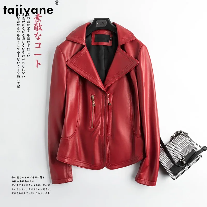 Tajeyane-Chaqueta de piel auténtica para mujer, abrigo corto ajustado de piel de oveja auténtica, color rojo, a la moda, novedad de 2023