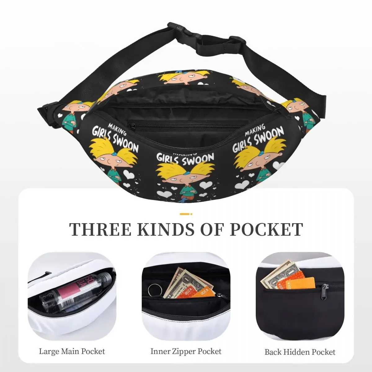 Aangepaste Hey Arnold geanimeerde Anime Helga Pataki heuptasje mannen vrouwen Cool Sling Crossbody heuptas reizen telefoon geld zakje